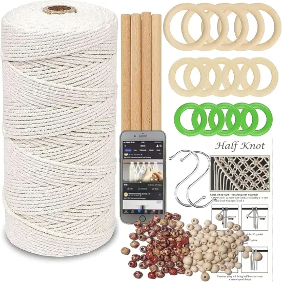 Macrame Kit, All in Macrame Supplies 109Yards X 3Mm Macrame Cord,Diy Macrame Kit for Adults Beginners, Macrame Beads with Wooden Rings and Wooden Sticks for Macrame Plant Hanger Kit 3Mm*109Yards Set {2}