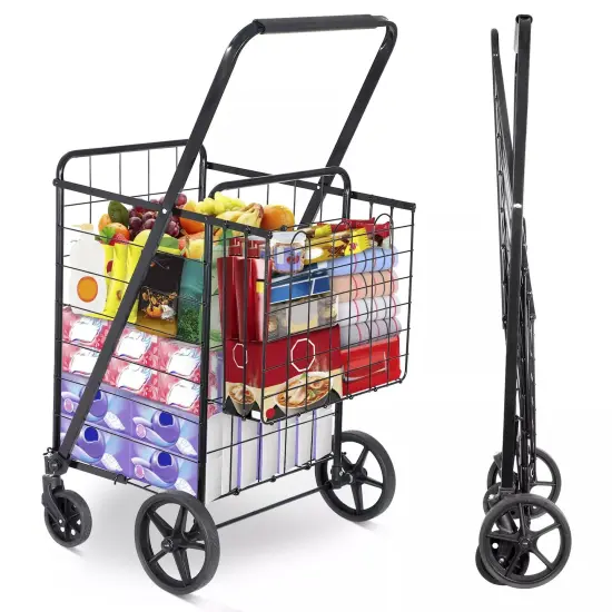 Folding Shopping Cart Utility Cart with Double Basket and Swivel Wheels {1}