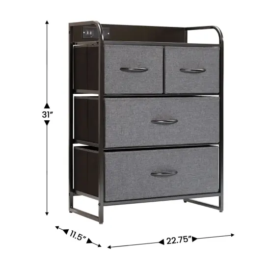 Emma and Oliver Hermes Nightstand with 4 Fabric Drawers, Charging Station with 2 USB Ports/Power Outlet, Engineered Wood Top, Wood Handles, Metal Frame Charcoal/Black {5}