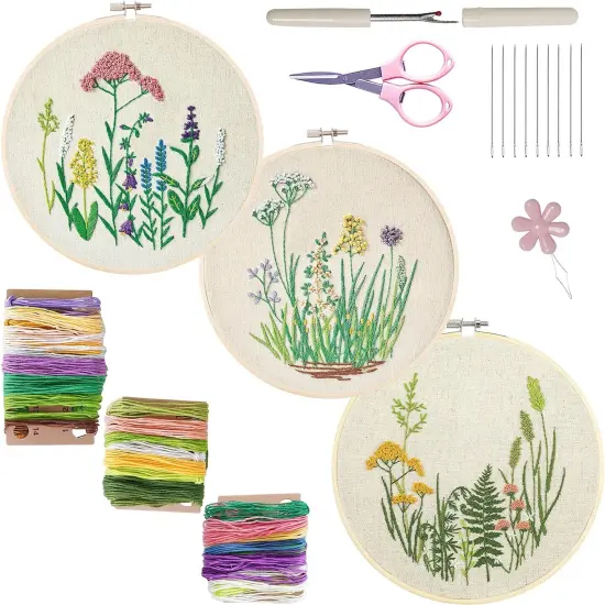 Embroidery Kit for Beginners, 3 Sets Embroidery Kit for Craft Lover Handy Stitch with Embroidery Fabric with Pattern,Full Range Accessories (Cats) Plant {1}