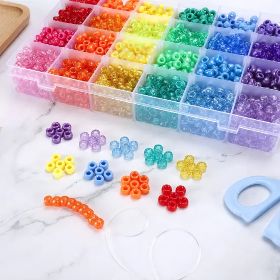 2880 Pieces Pony Beads Kit, Kandi Beads for Hair, Rainbow Beads Plastic Bead for Craft 6 x 9mm 24 Colors 4 Styles Large Hole Beads Set for Bracelets Jewelry Making {2}