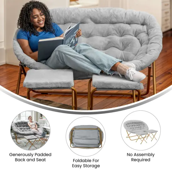 Emma and Oliver Janey Folding Double Saucer Chair with 2 Ottomans and Steel Frame for Dorm or Bedroom GrayFabric/SoftGold {3}