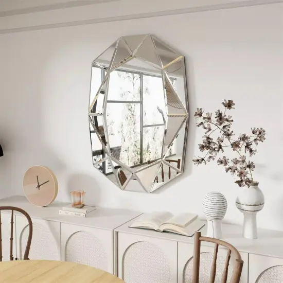 Wisfor Modern Wall Bathroom Mirror w/ Beveled Edge Frame Geometric Mirror Silver {7}