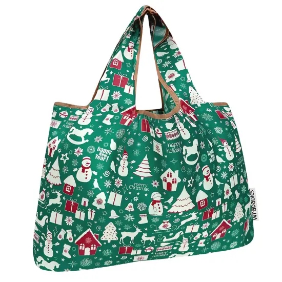 Wrapables Large Foldable Tote Nylon Reusable Grocery Bags, Christmas Green {1}