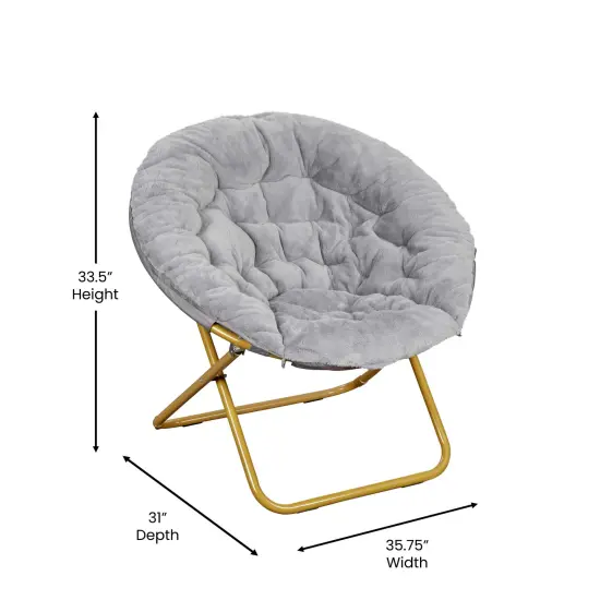 Emma and Oliver Ersa Oversize Folding Saucer Moon Chair and Ottoman for Dorm and Bedroom with Steel Frames GrayFabric/SoftGold {4}