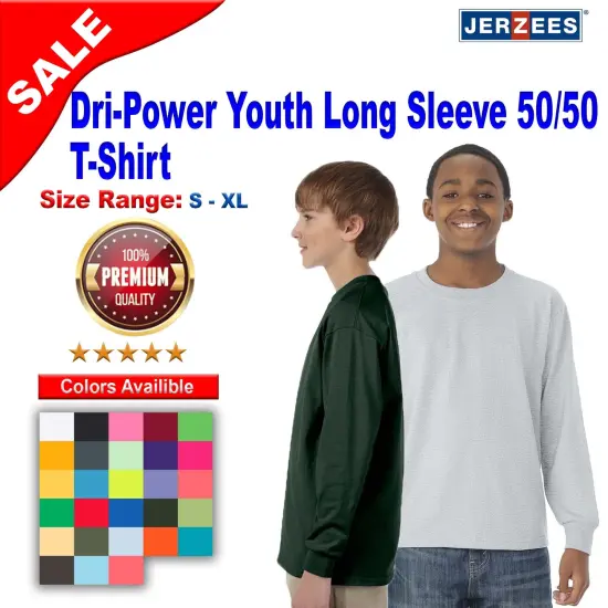 JERZEES&reg; Dri-Power Youth Poly Cotton Long Sleeve Crewneck T-Shirt Royal {3}