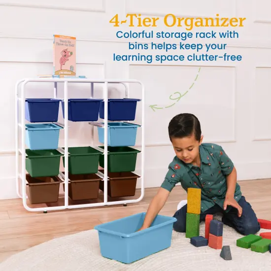 4-Tier Storage Rack with 12 Cubby Bins 4x3, Multipurpose Organization Earthtone {3}