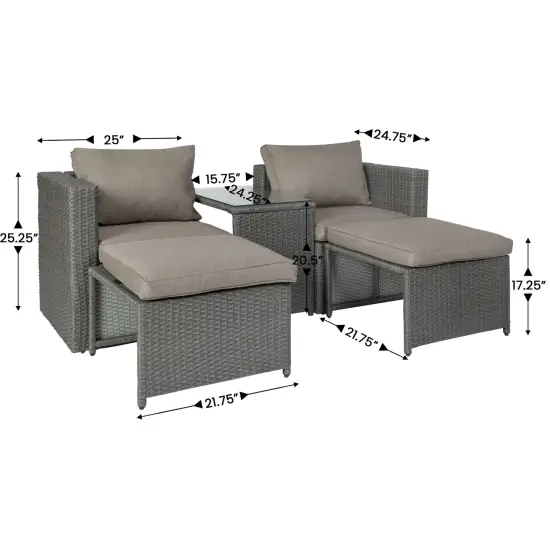 Merrick Lane Canzo Woven Rattan Modular Sofa Set for Indoor/Outdoor Use with Loveseat, Ottomans, and Tempered Glass Table GrayFabric/GrayFrame {5}