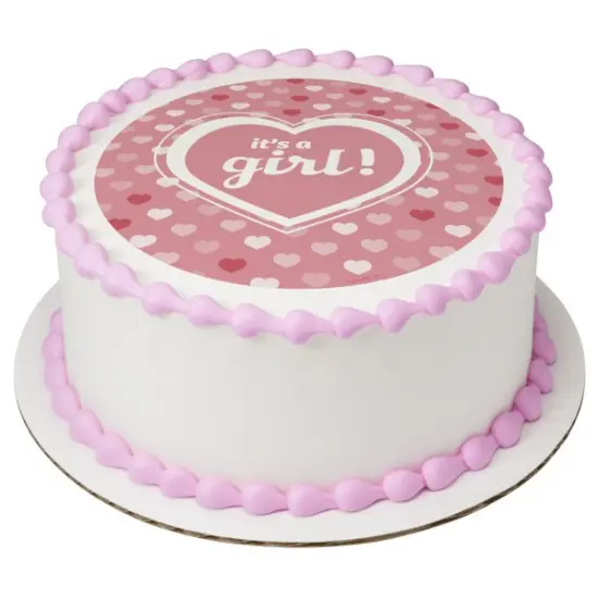 It's A Girl Hearts! Edible Cake Topper Image 7.5" Round {1}