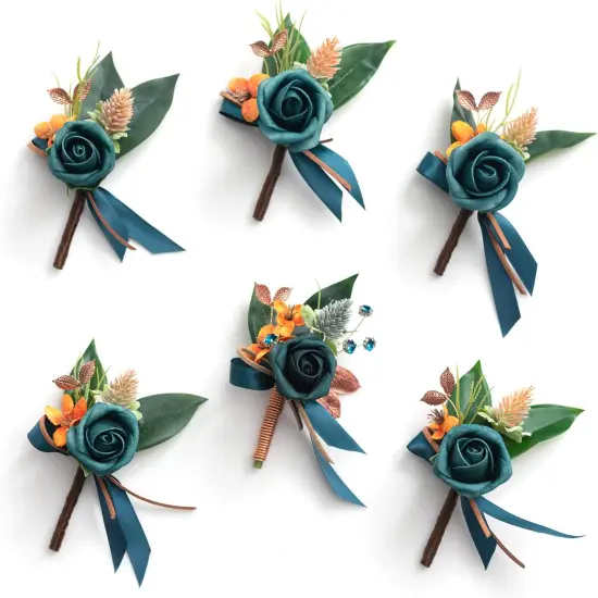 Boutonniere Set of 6 for Groom & Groomsmen Dark teal & burnt or {1}
