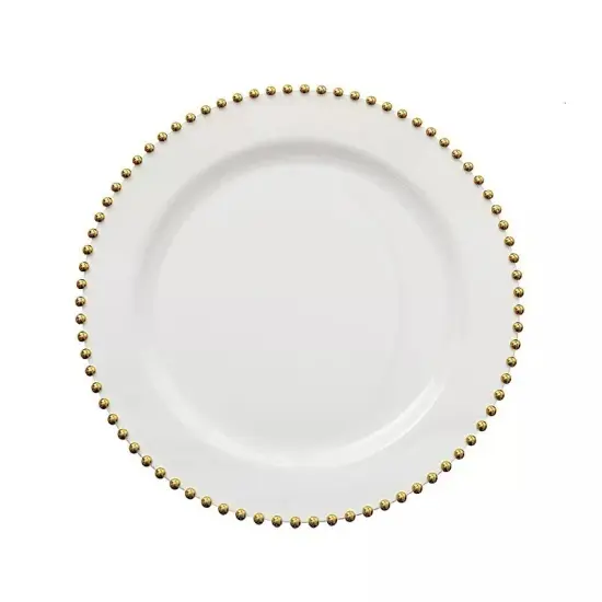 WHITE GOLD 10 Round 10" Plastic Salad PLATES Beaded Rim Party Events Decorations {1}