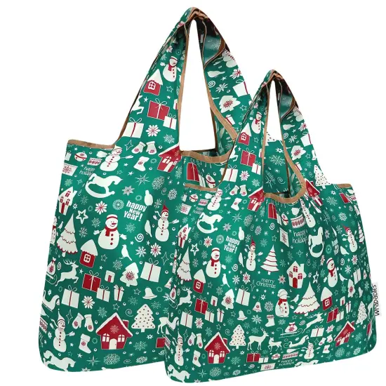 Wrapables Large & Small Foldable Tote Nylon Reusable Grocery Bags, Set of 2, Christmas Green {1}