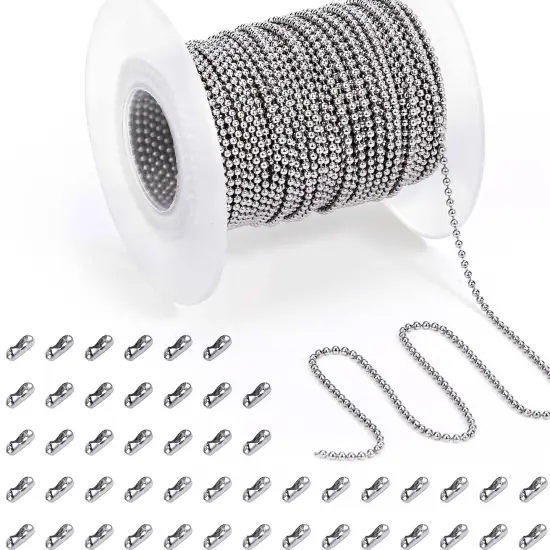 53 FT Ball Bead Chain, 1.5 mm Adjustable Pull Chain Beaded with 50 PCS Matching Connectors, Stainless Steel Bead Chain for Jewelry Making Necklace Keychain Dog Tag Chain {2}