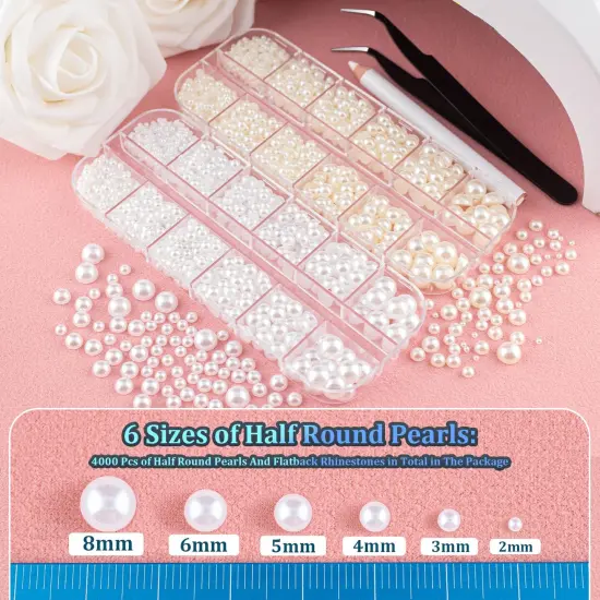 4000 Pieces Half Round Pearls and Rhinestones, Flat Back White and Beige Half Pearls and Clear+AB Round Crystal Gem Kit with Tweezer and Pickup Pencil for Nail Art and DIY Decoration {6}