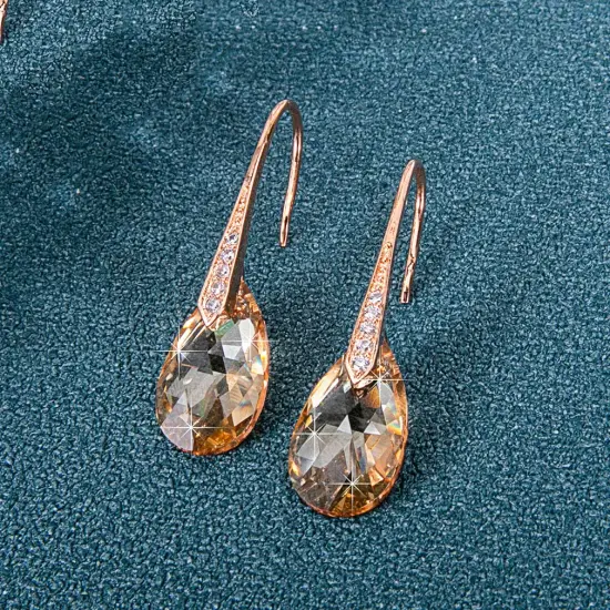 Crystal Teardrop Dangle Earrings for Women Drop Hook Earring 14K Rose Gold Plated Hypoallergenic Jewelry (Light Topaz) {5}