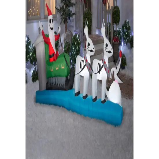 11.5' Gemmy Airblown Inflatable Nightmare Before Christmas Jack Skellington In Sleigh w/ Ghost Reindeer Yard Decoration 117112 {2}