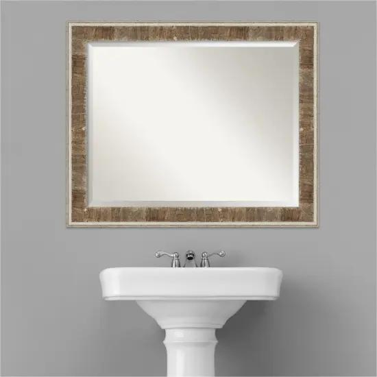 Beveled Wood Bathroom Wall Mirror, Farmhouse Brown Narrow Frame {5}