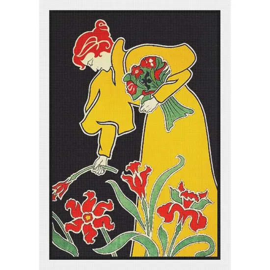 Young Woman Picks Flower Art Nouveau Gisbert Combaz Counted Cross Stitch Pattern {2}