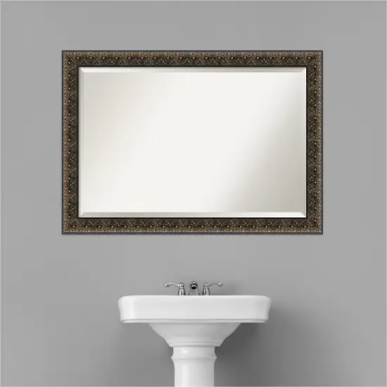 Beveled Wood Bathroom Wall Mirror, Intaglio Embossed Black Frame {6}