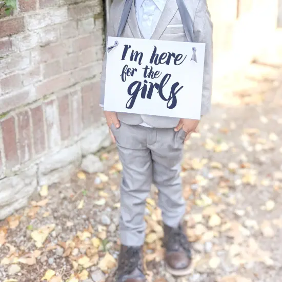 Ritzy Rose Cute Ring Bearer Sign - Black on 11x8in Ivory Linen Cardstock with Dusty Blue Ribbon {6}