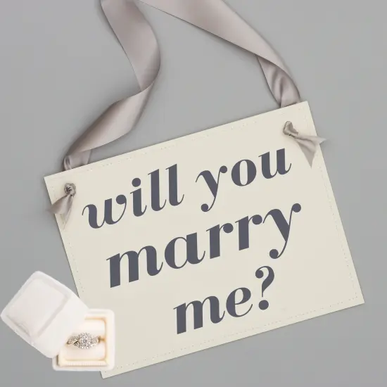 Ritzy Rose Wedding Proposal Sign - Black on 11x8in Ivory Linen Cardstock with Gray Ribbon {2}