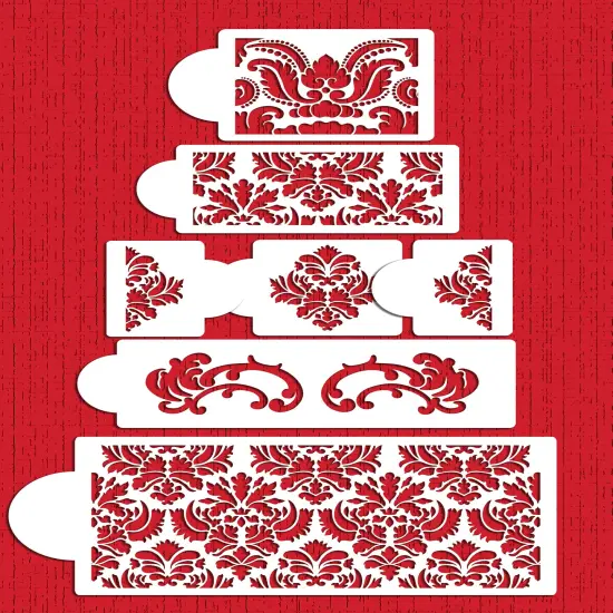 Martha Stewart's Five Tier Damask Cake Stencil Set | C406 by Designer Stencils | Cake Decorating Tools | Baking Stencils for Royal Icing, Airbrush, Dusting Powder | Reusable Plastic Food Grade Stencil for Cakes | Easy to Use & Clean Cake Stencil {1}