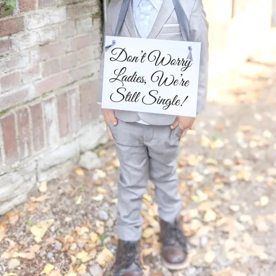 Ritzy Rose Funny Ring Bearer Sign - Black on 11x8in Ivory Linen Cardstock with Dusty Blue Ribbon {6}