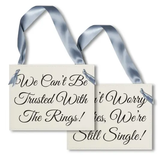 Ritzy Rose Funny Ring Bearer Sign - Black on 11x8in Ivory Linen Cardstock with Dusty Blue Ribbon {1}