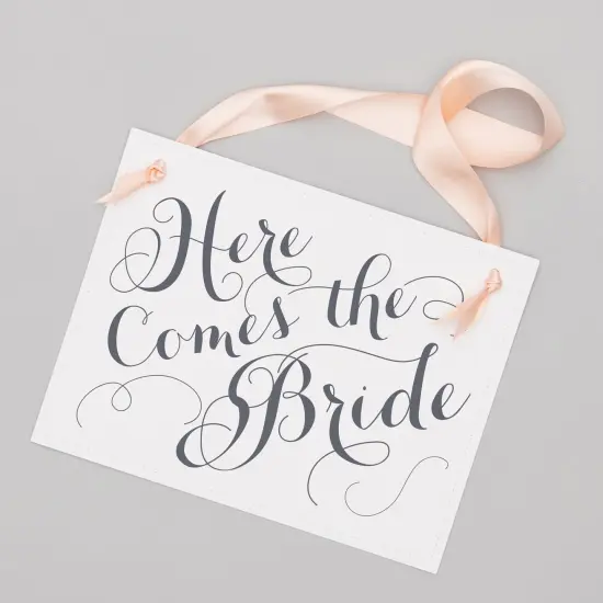 Ritzy Rose Cute Ring Bearer Sign - Slate on 11x8in White Linen Cardstock with Blush Ribbon {5}
