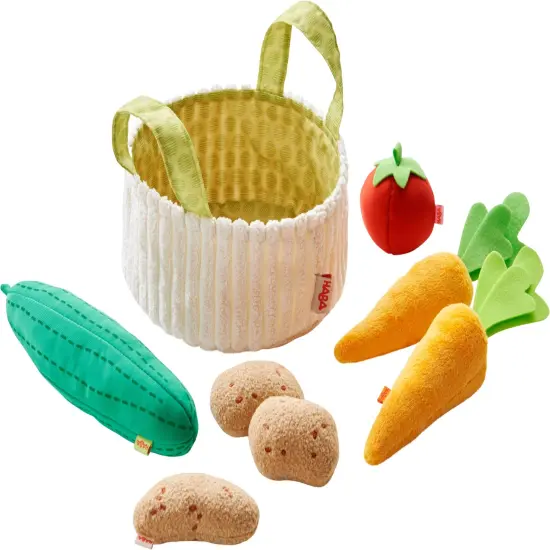 HABA Biofino Vegetable Basket - Soft Plush Pretend Play Food with Carrier, Cucumber, Tomato, 2 Carrots and 3 Potatoes Multicolor {3}