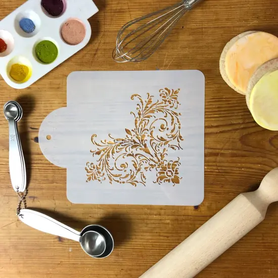 Feathered Scroll Cake Stencil Corner | C161 by Designer Stencils | Cake Decorating Tools | Baking Stencils for Royal Icing, Airbrush, Dusting Powder | Reusable Plastic Food Grade Stencil for Cakes | Easy to Use & Clean Cake Stencil {3}
