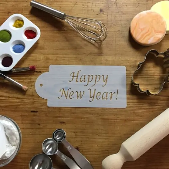 Happy New Year Cake Stencil | C090 by Designer Stencils | Cake Decorating Tools | Baking Stencils for Royal Icing, Airbrush, Dusting Powder | Reusable Plastic Food Grade Stencil for Cakes | Easy to Use & Clean Cake Stencil {3}