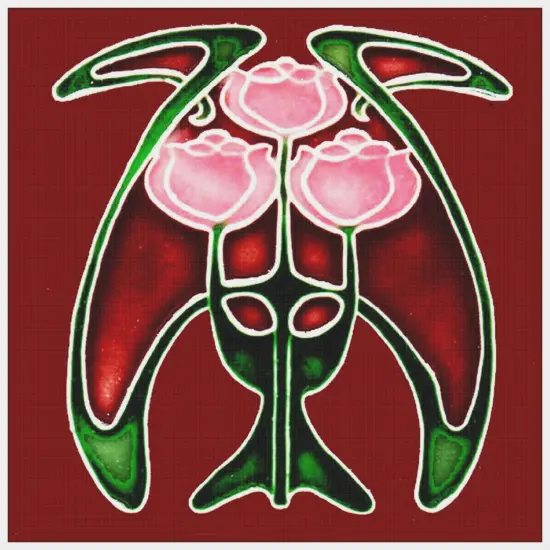 Art Nouveau 3 Pink Roses Flower Red Background Counted Cross Stitch Pattern {2}