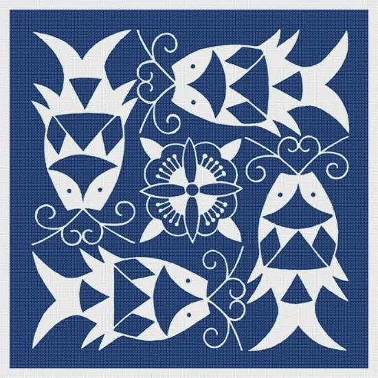 Asian Indigo 4 Fish Folk Art Design *2 DMC Colors* Counted Cross Stitch Pattern {2}