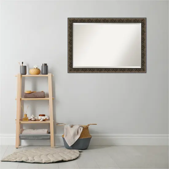 Beveled Wood Bathroom Wall Mirror, Intaglio Embossed Black Frame {5}