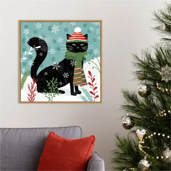 Purrfect Holiday II Cat by Veronique Charron 22-in. W x 22-in. H. Canvas Wall Art Print Framed in Natural {5}