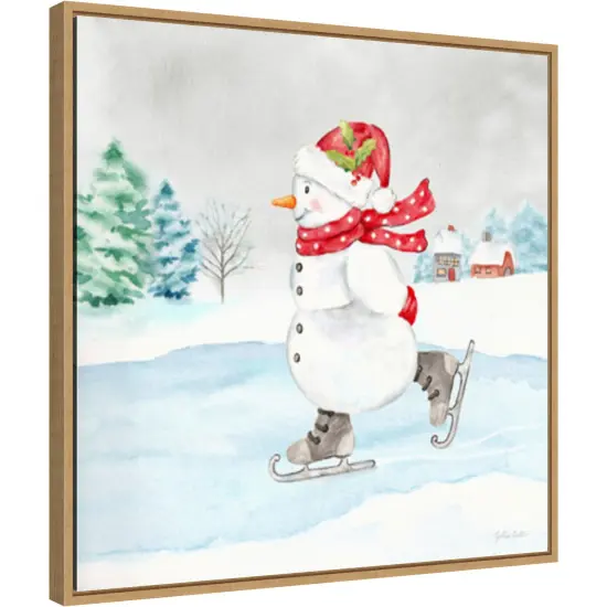 Let it Snow Blue Snowman V by Cynthia Coulter 22-in. W x 22-in. H. Canvas Wall Art Print Framed in Natural {1}