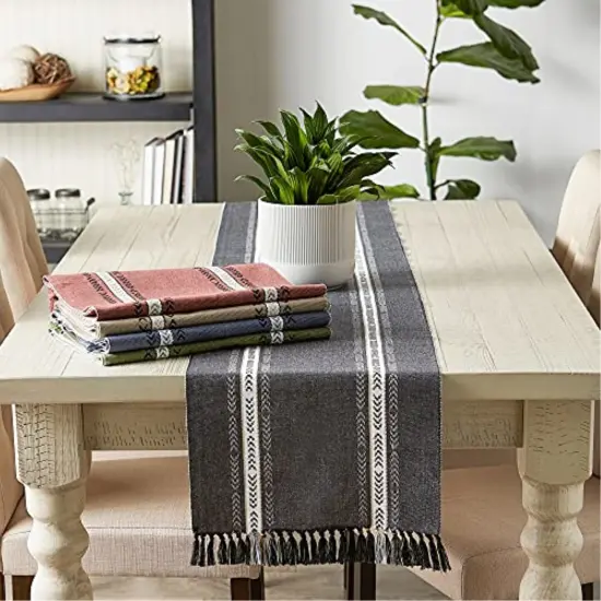 DII French Blue Dobby Striped Fringe Ribbed Table Runner 14x72 {6}