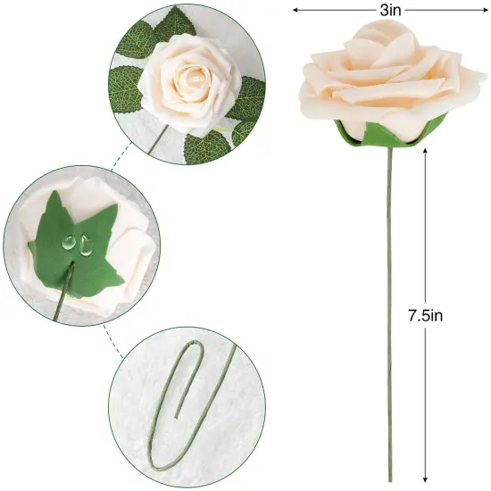 25pcs Fake Ivory White Roses Artificial Rose Heads with Stems Lifelike Foam Flowers DIY Wedding Bouquets Wedding Party Decor {6}