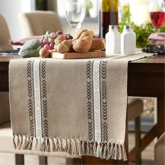 DII Stone Dobby Striped Fringe Ribbed Table Runner 14x72 {4}