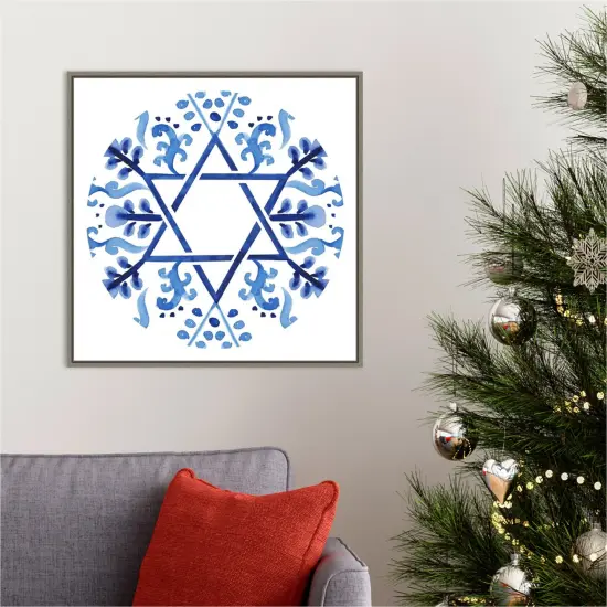 Indigo Hanukkah Collection C by Victoria Borges 22-in. W x 22-in. H. Canvas Wall Art Print Framed in Grey {5}