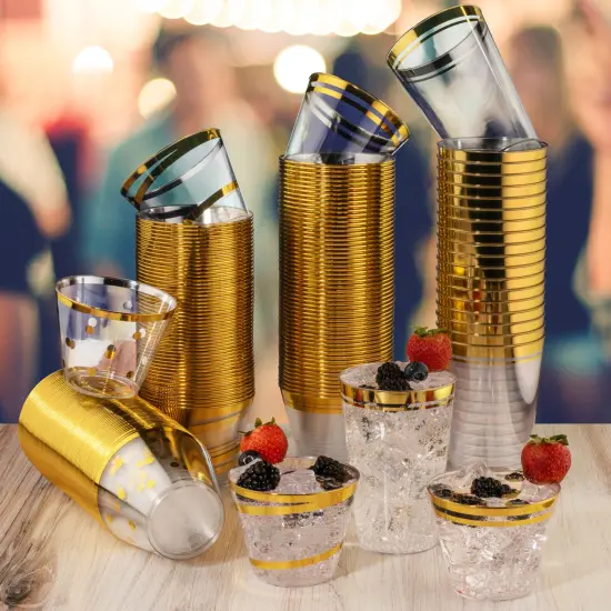 100 Pk 16 oz Clear Plastic Cups | Gold Rimmed Disposable Cups {7}