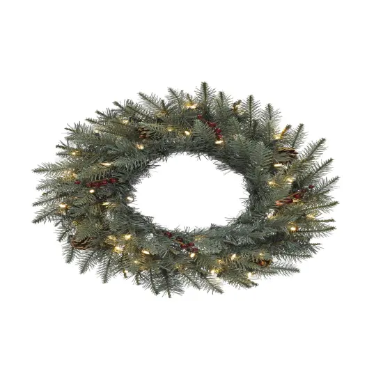 Perfect Holiday 24" Pre-lit Carolina Spruce Wreath With Pine Cones And Red Berry Clusters {1}