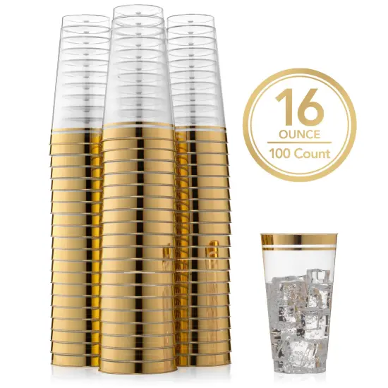 100 Pk 16 oz Clear Plastic Cups | Gold Rimmed Disposable Cups {1}