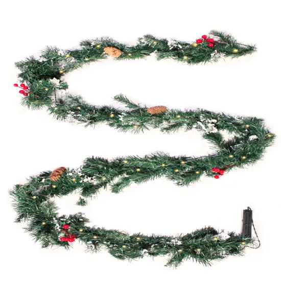 Perfect Holiday 9ft Pre-Lit Snow Flocked Garland with Pine Cones Berries {1}
