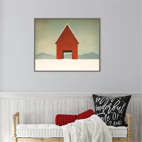 Red Barn Winter by Ryan Fowler 28-in. W x 23-in. H. Canvas Wall Art Print Framed in Grey {5}