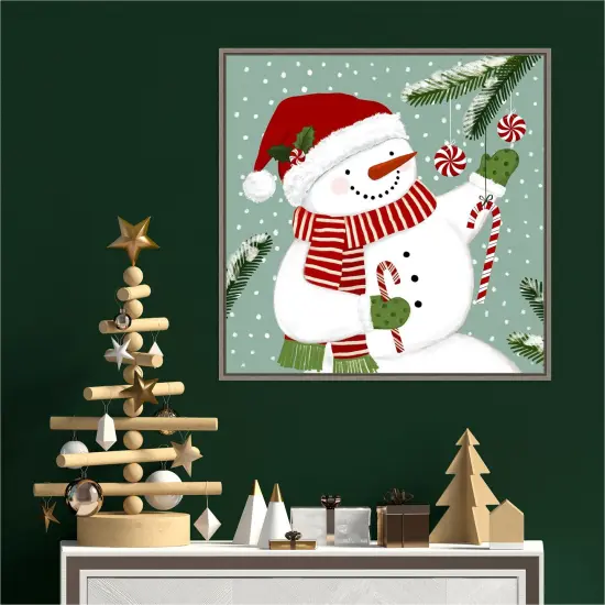 Peppermint Snowman I by Victoria Barnes 22-in. W x 22-in. H. Canvas Wall Art Print Framed in Grey {4}
