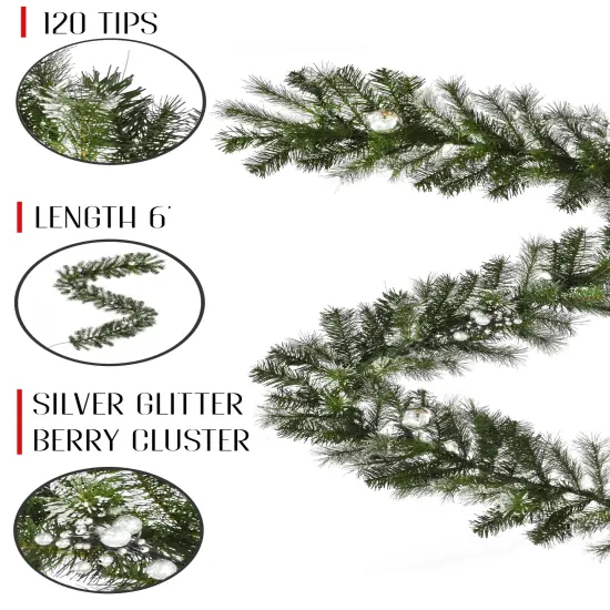 Perfect Holiday 6ft Snow Dusted Nulato Pine Garland With Silver Ornaments And Glitter Berry Cluster {4}