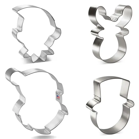 CookieCutter.com 4 Piece Christmas Cookie Cutter Set Elf Face, Reindeer Face, Snowman Face, Santa Face, Metal Shapes Made in USA, Silver {4}