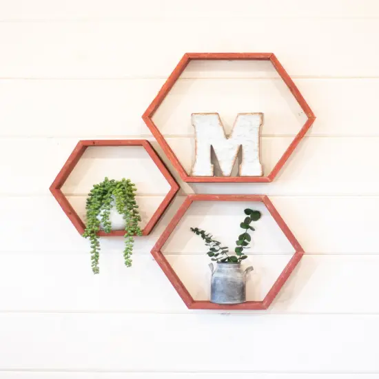 Rustic Farmhouse Floating Reclaimed Wood Hexagon Shelves (Set of 3) Red {4}
